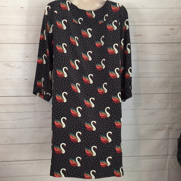 Fossil Sz Small Silk Swan Dress Brown, White, teal - Picture 6 of 10